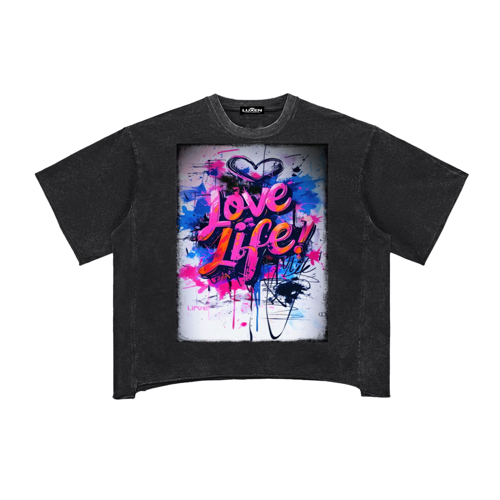 Love Life GYM Front Raw Edge Snow Washed Boxy T-Shirt 260 gsm