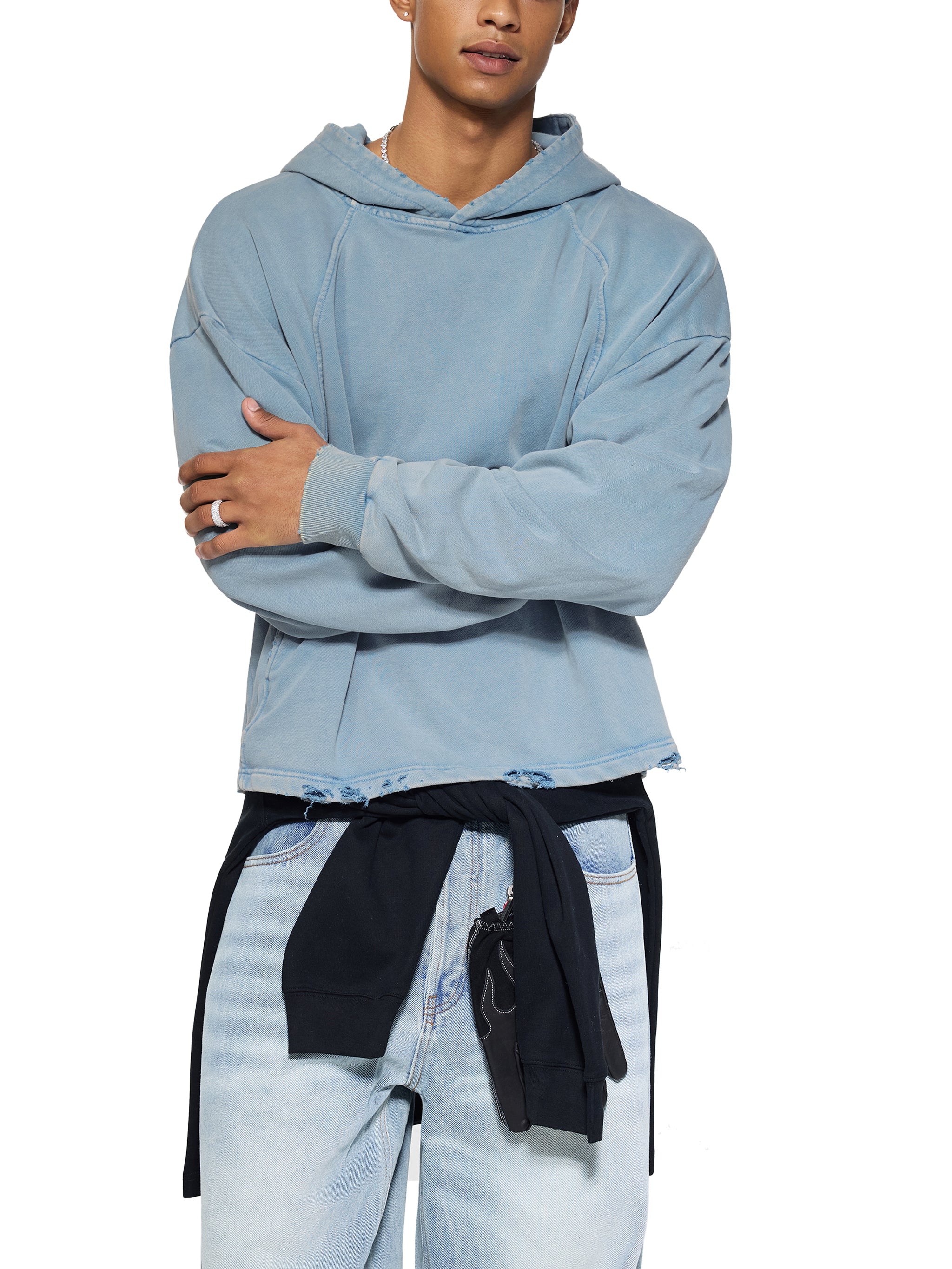 LUXEN Vintage Washed Frayed-Hem Hoodie 340 gsm